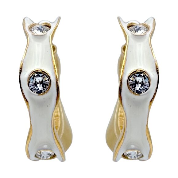 Kenneth Jay Lane 22k Gold Plated White Enamel Hoop Earrings with Crystals - Picture 6 of 9